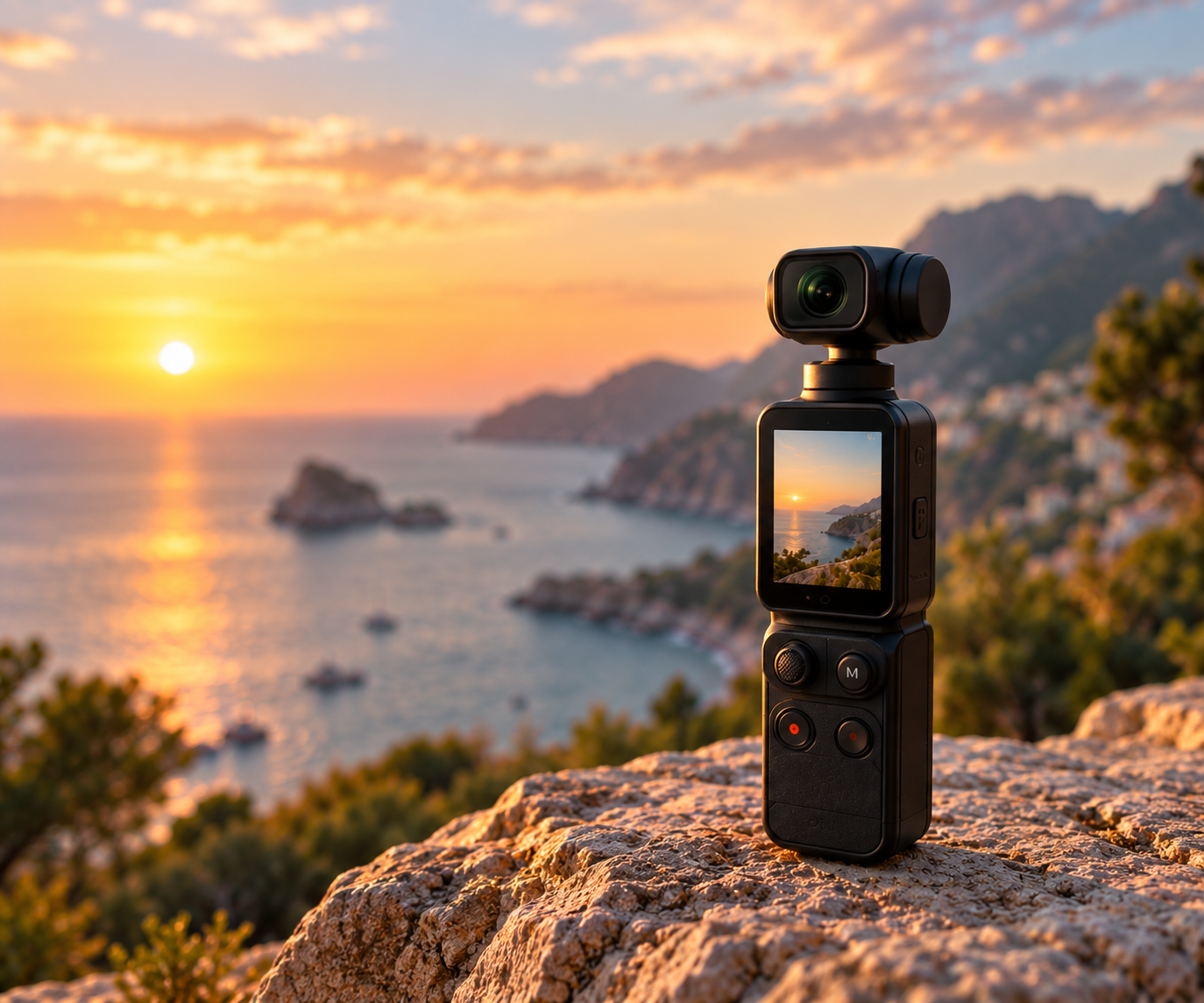 Centrelle Pocket Pro sobre una roca al atardecer junto al mar