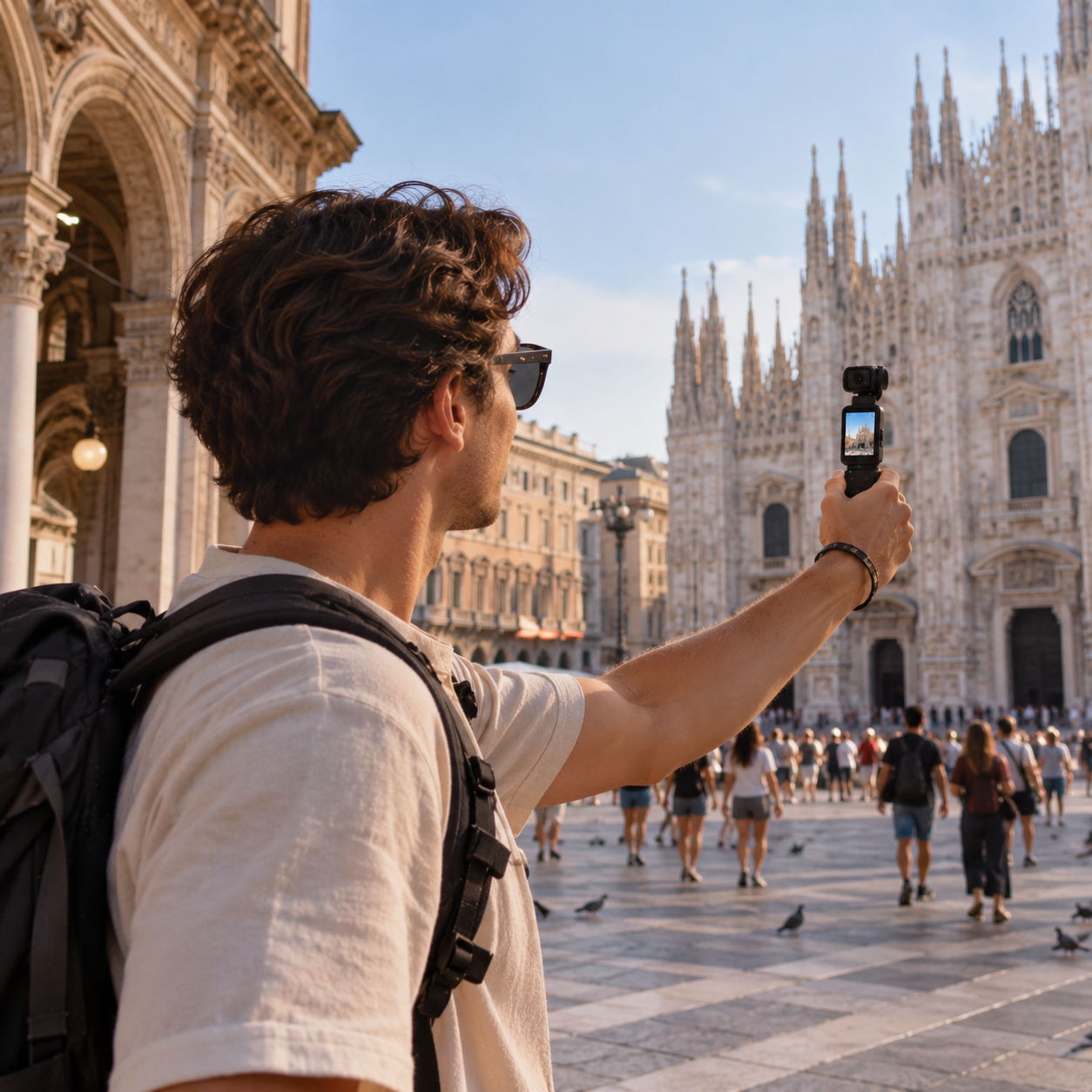 Grabando en la plaza del Duomo