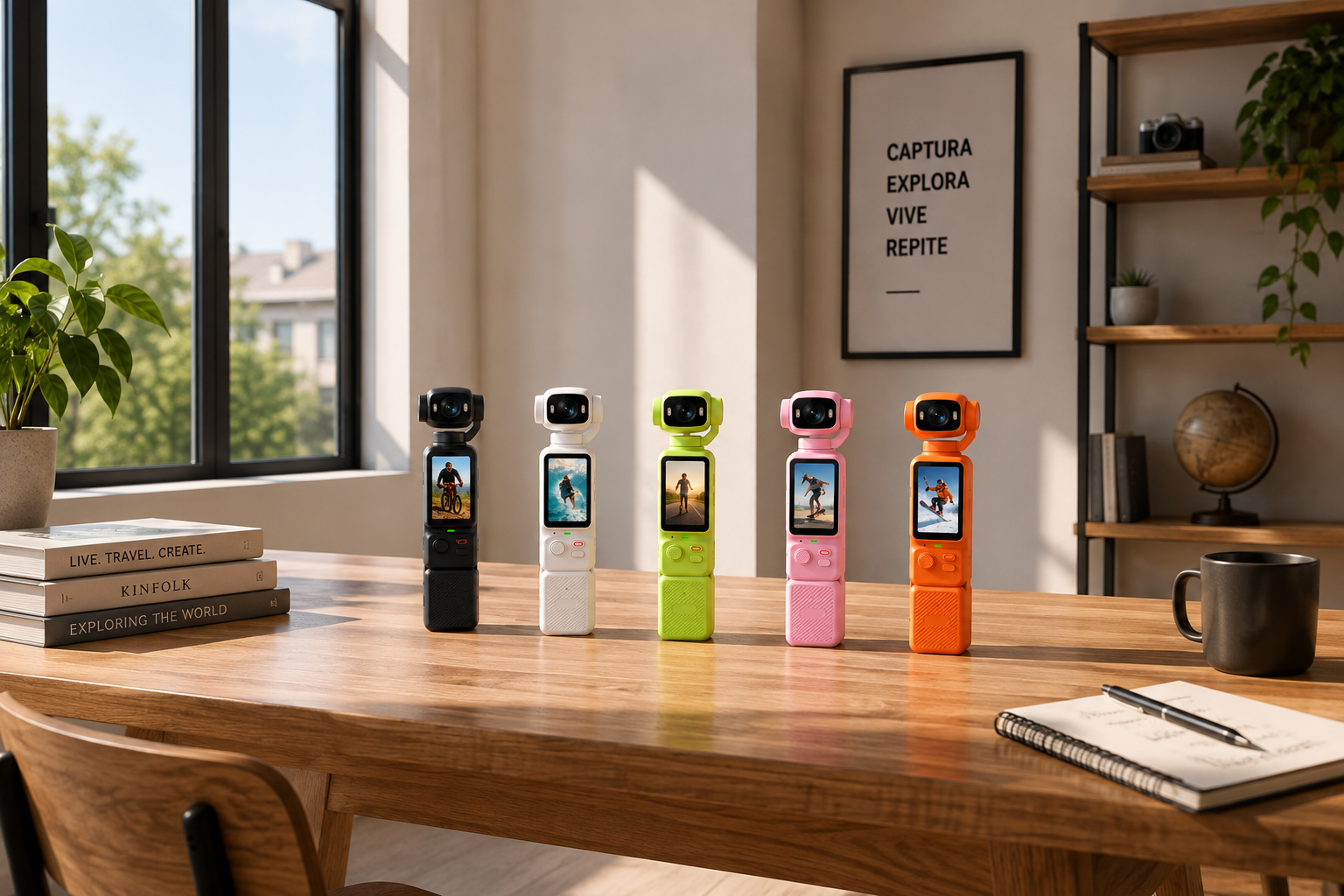 Los cinco colores de la Centrelle Pocket Pro sobre una mesa de madera